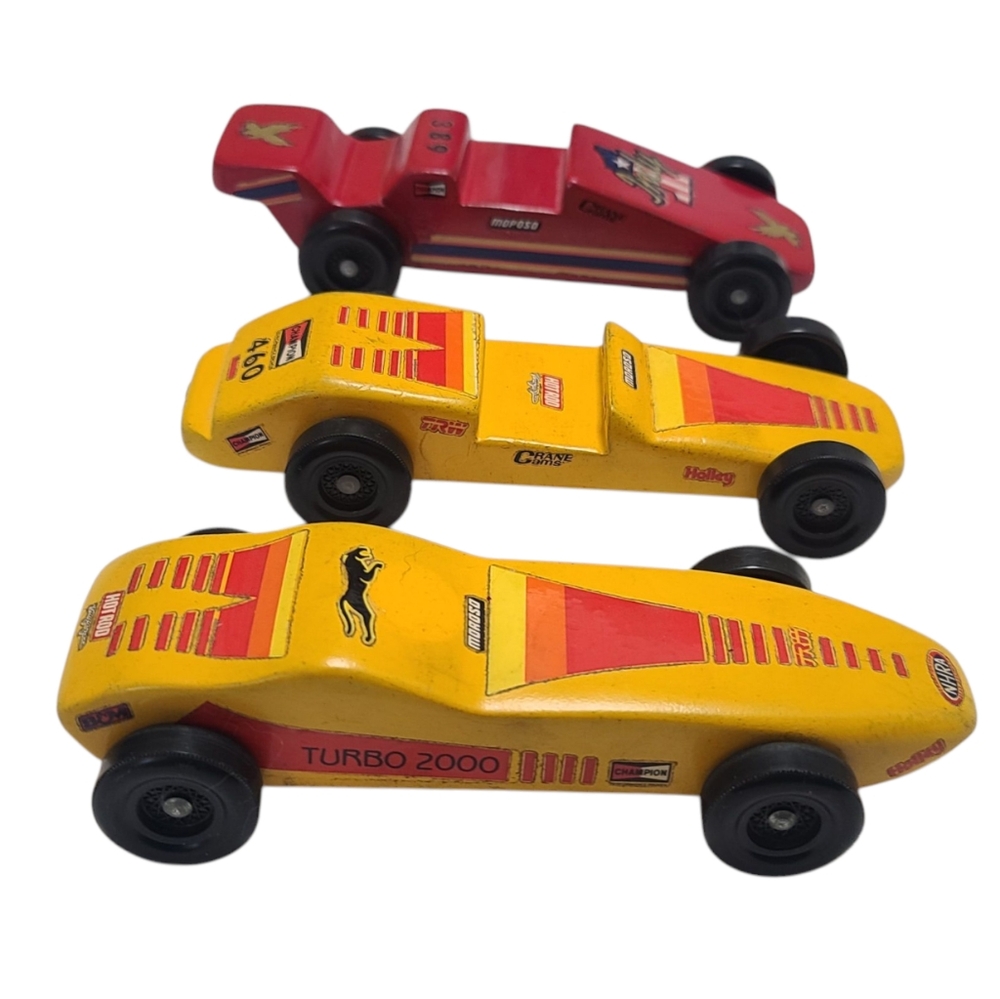 Vintage Set Of 3 Handmade Wood Derby Cars, Turbo 2000 Yellow Red Toy Cars Set